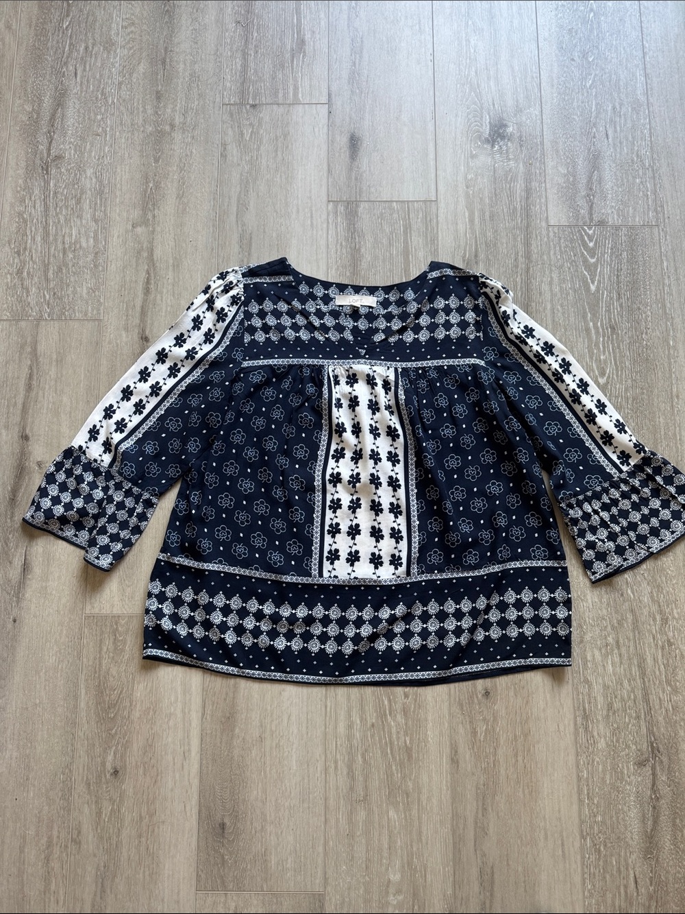 LOFT Navy and White Printed Peasant Blouse
